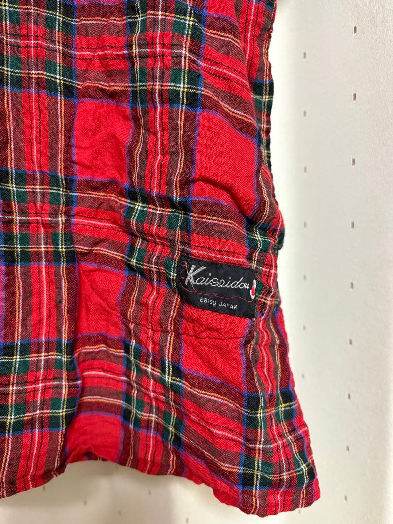 快晴堂 リネンタータンチェックバンドスリーブ半袖シャツ サイズ2 カラー レッド