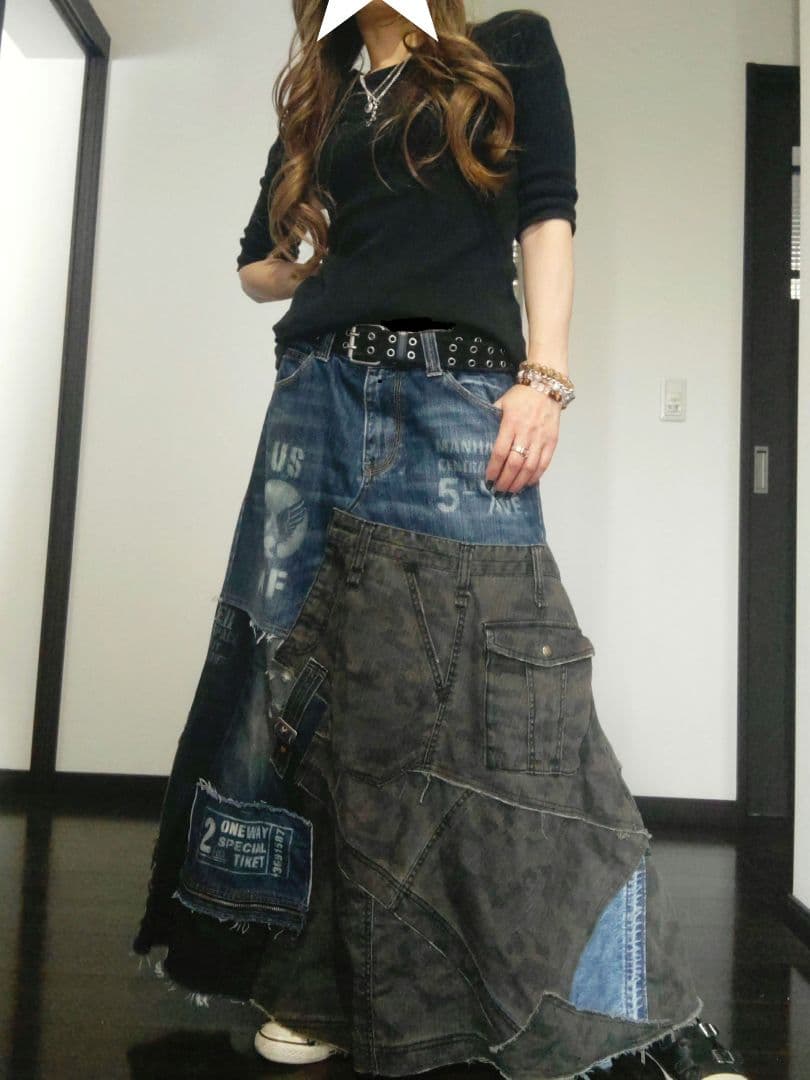 ★ ミリタリー カモフラ柄 デニム MIX 英字抜染 リメイク ロングスカート★