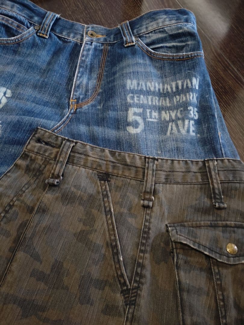 ★ ミリタリー カモフラ柄 デニム MIX 英字抜染 リメイク ロングスカート★