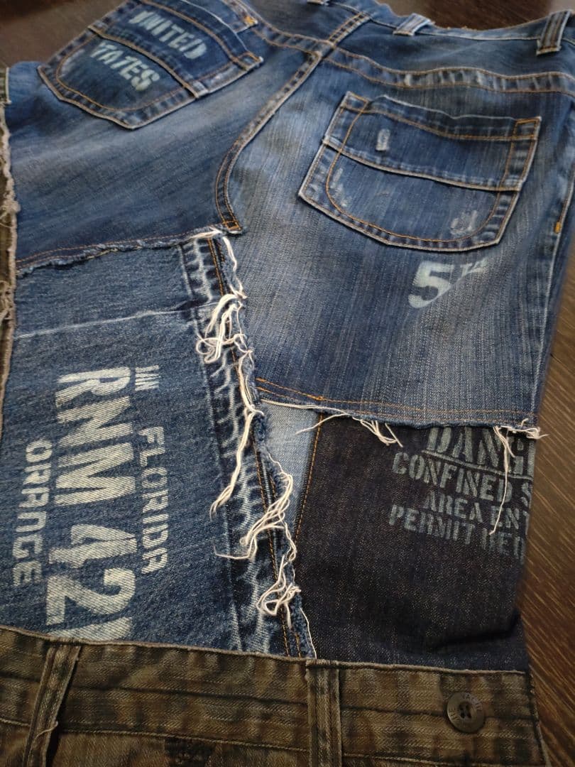 ★ ミリタリー カモフラ柄 デニム MIX 英字抜染 リメイク ロングスカート★