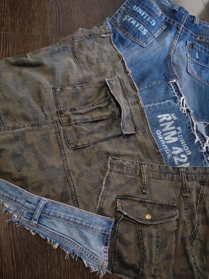 ★ ミリタリー カモフラ柄 デニム MIX 英字抜染 リメイク ロングスカート★