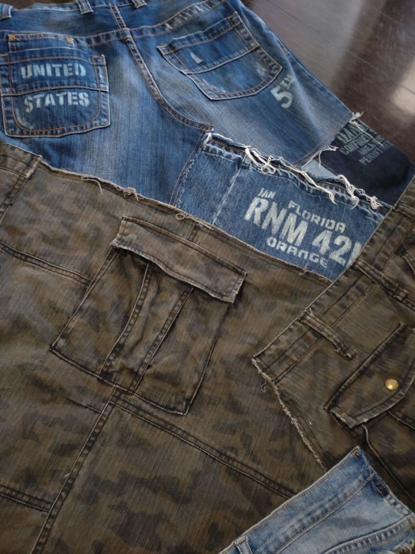 ★ ミリタリー カモフラ柄 デニム MIX 英字抜染 リメイク ロングスカート★