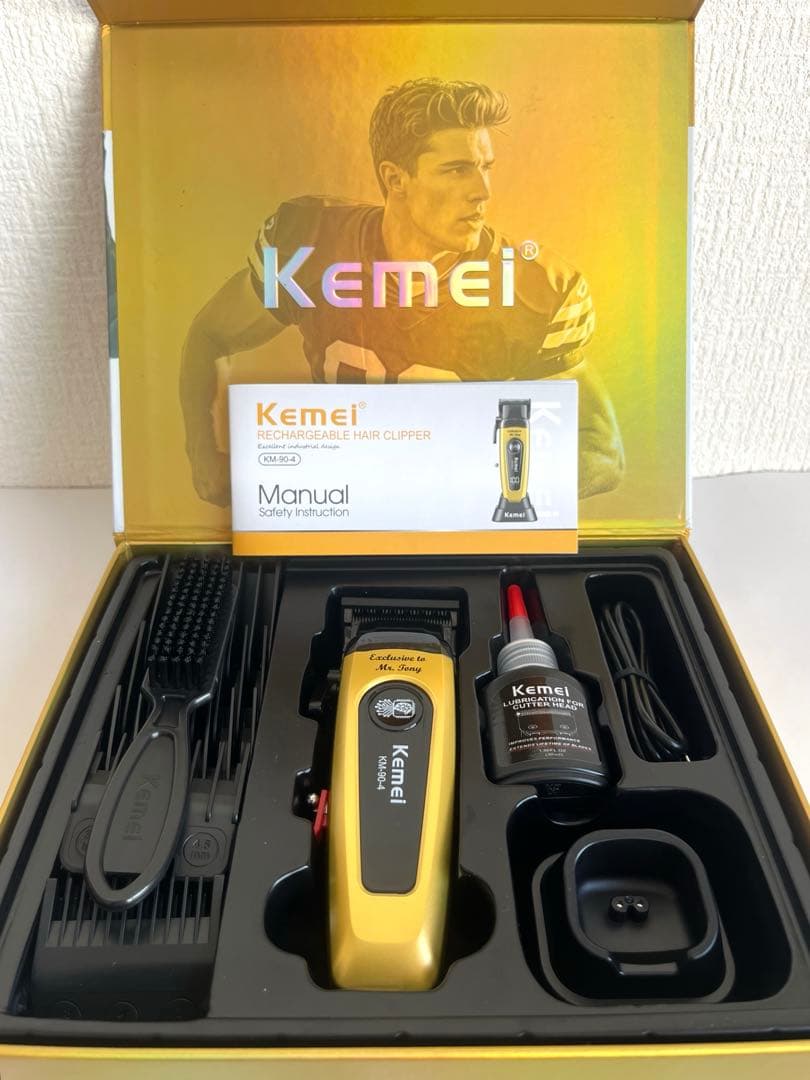 Kemei 電動バリカン KM-90-4 ゴールド 充電式 DLC刃 プロ仕様