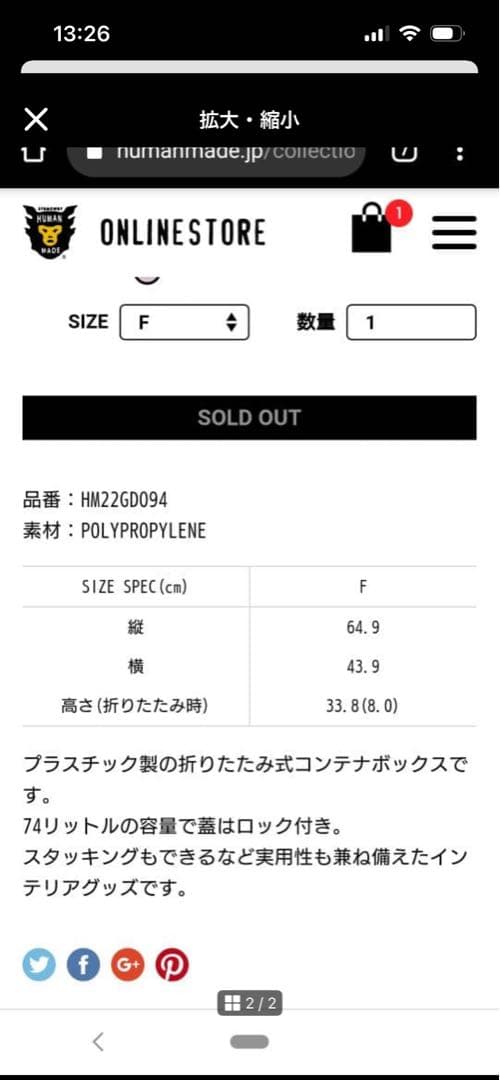 HUMAN MADE コンテナ 74L