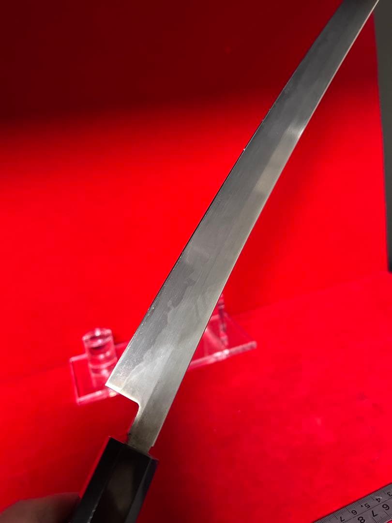 01563 包丁　マグロ包丁　両刃　玉鋼　乱れ刃紋　刃付　未使用品