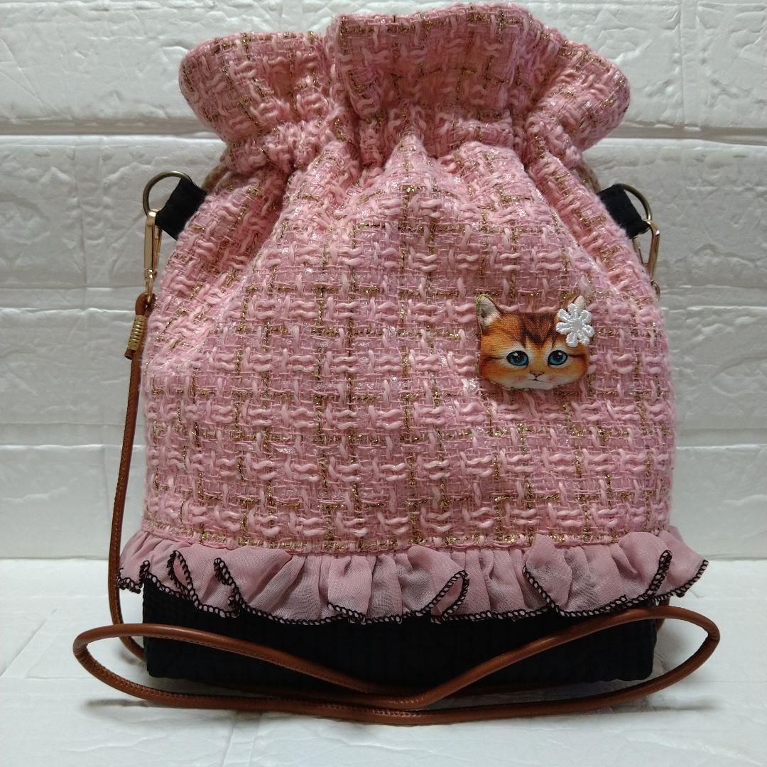 ゆきちゃん様☆コヤンイサムチョン☆巾着ショルダーバッグ　ツイードピンク　ボリ