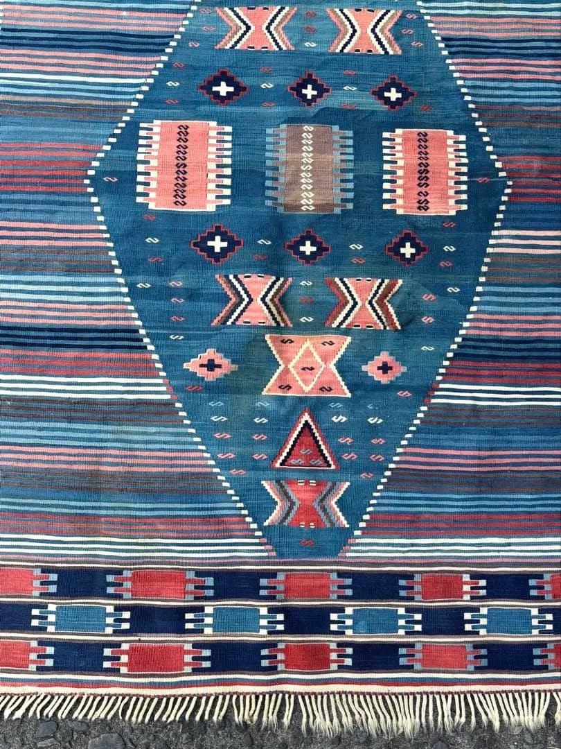 692 アンティークキリム トルコ トライバル インディゴ ラグ 百貨店購入