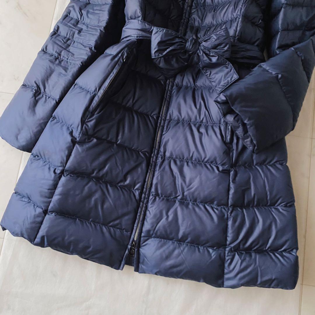 美品◆MaxMaraロングダウンコート 女優襟 リボンベルト ネイビー L-XL