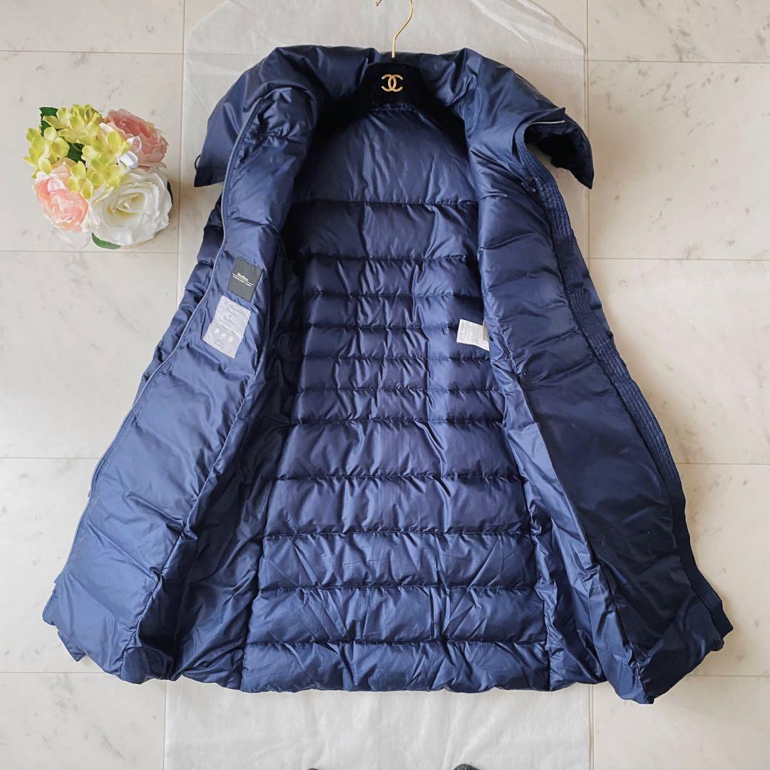 美品◆MaxMaraロングダウンコート 女優襟 リボンベルト ネイビー L-XL