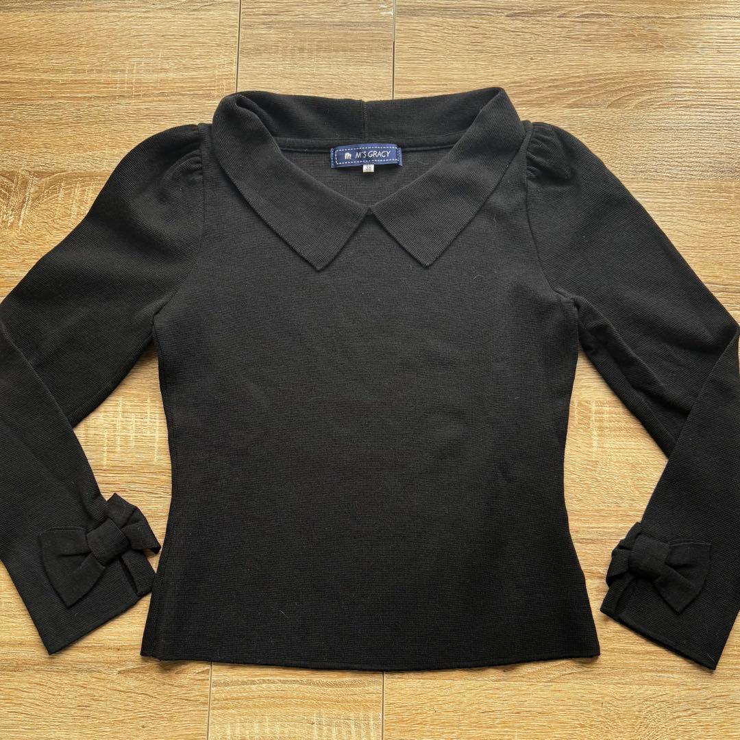 未使用 M'S GRACY 袖リボン ウールニット セーター 38 黒 襟付