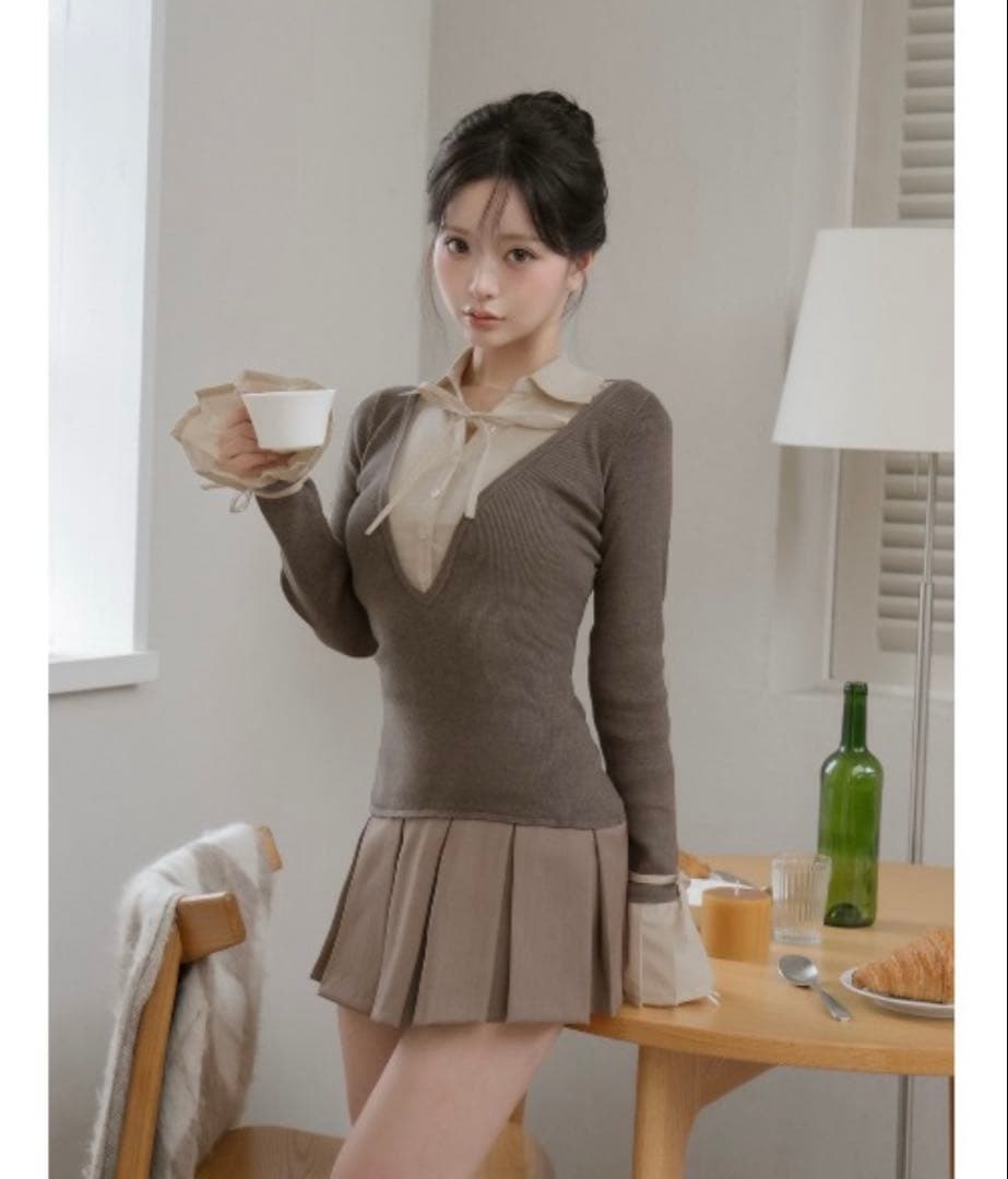 Darich シャツドッキングプリーツミニワンピース モカ