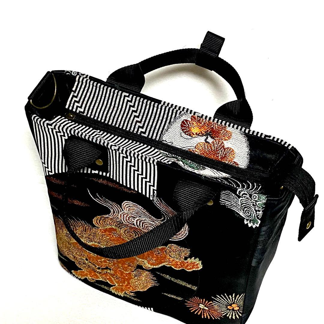 389 帯リメイク　唐獅子の縦型リュック　3wayバッグ