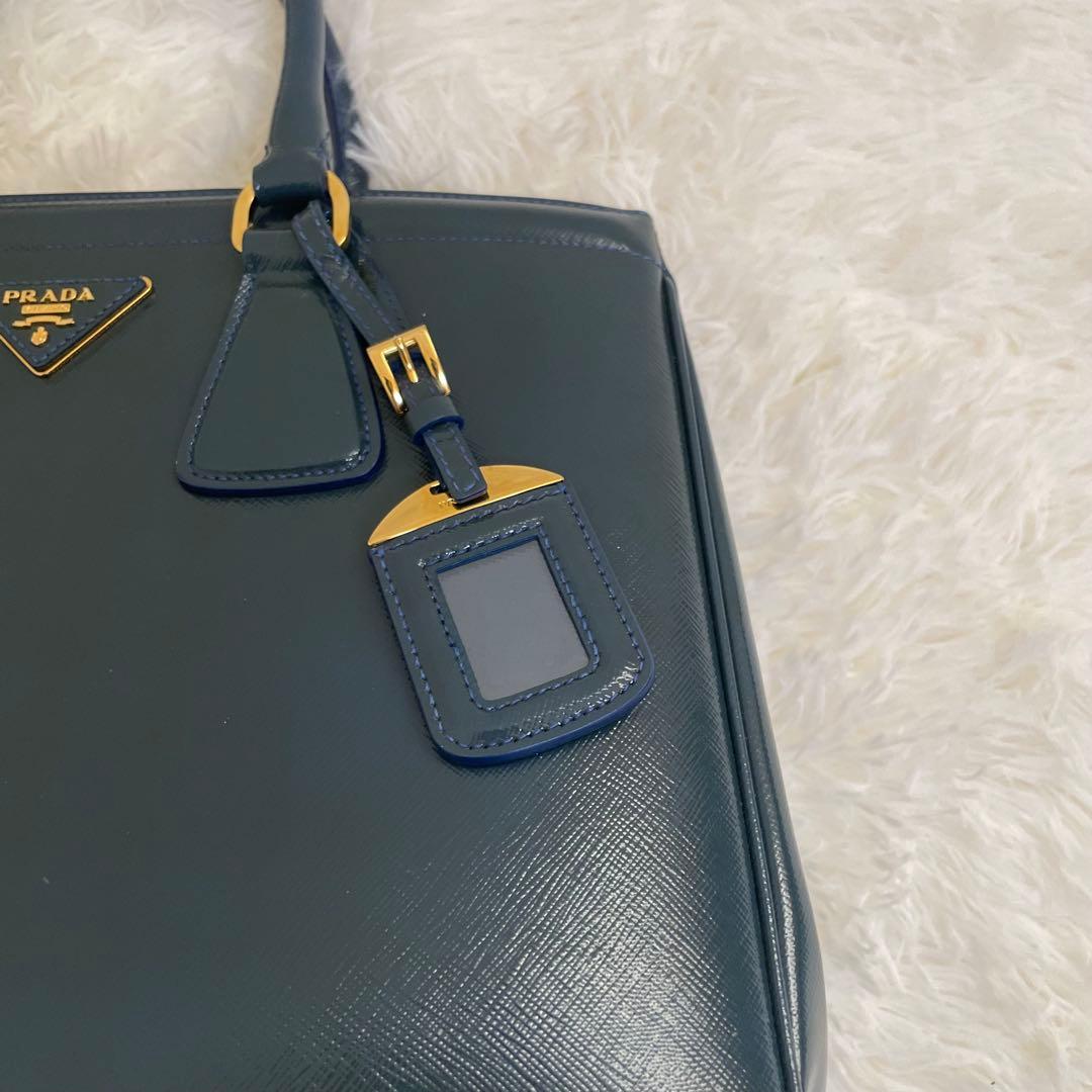 極美品 PRADA ガレリア サフィアーノ ハンドバッグ ブルー 三角ロゴ