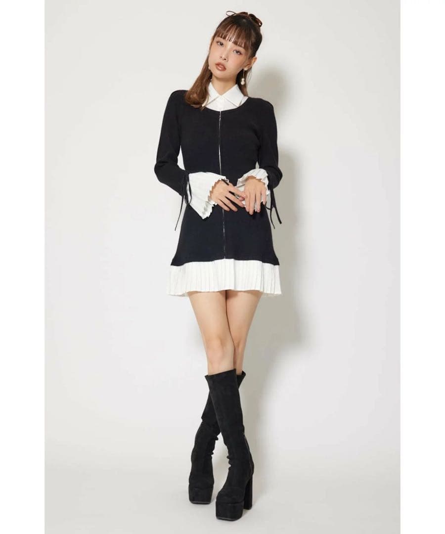 rienda レイヤードパターンシャツニットミニワンピース 美品