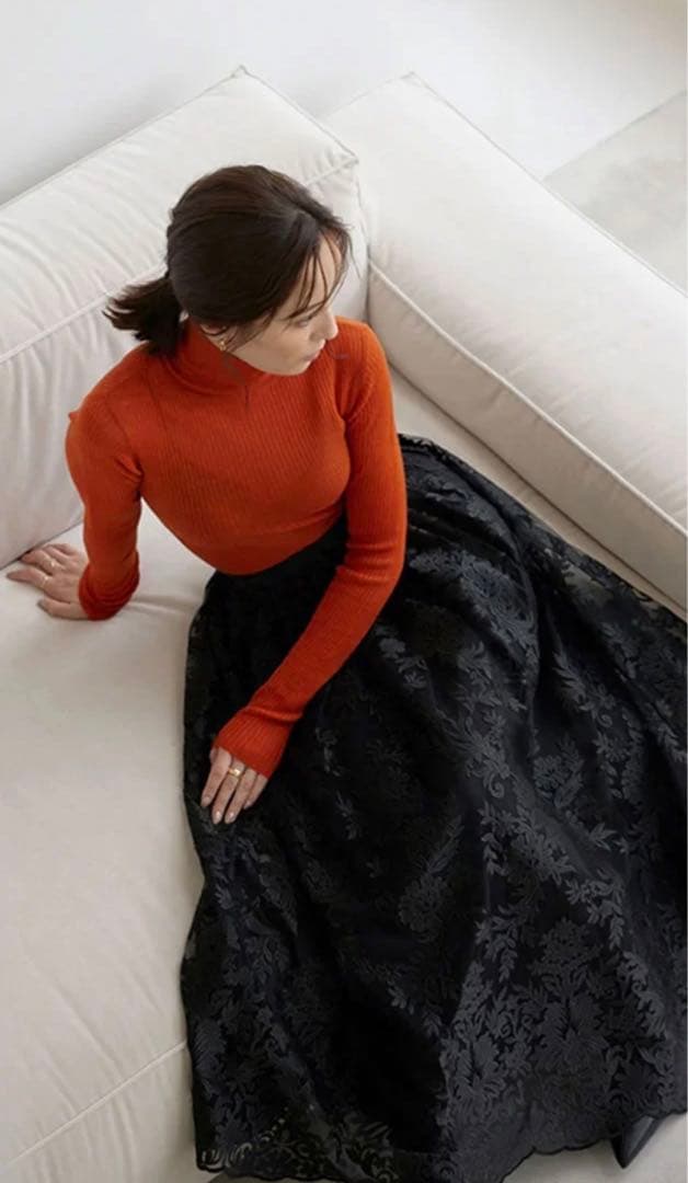 anuans アニュアンス　エンブロイダリーレースハイウエストタックスカート　S