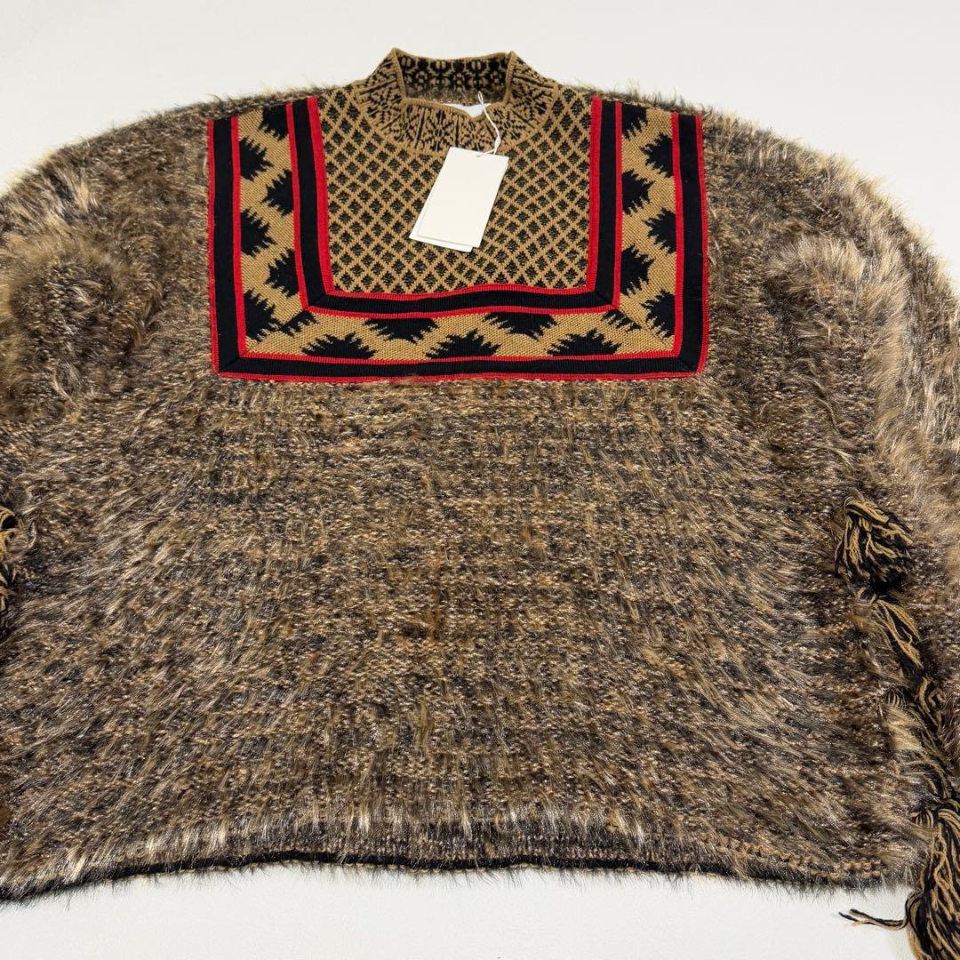 マメクロゴウチ タグ付き エスニック柄フリンジ ニット セーター ブラウン M
