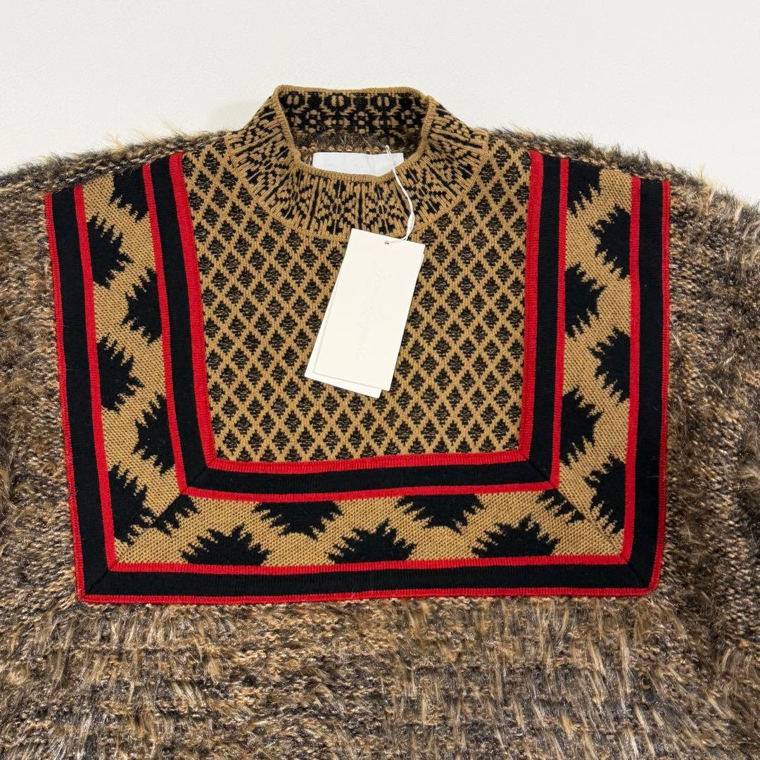 マメクロゴウチ タグ付き エスニック柄フリンジ ニット セーター ブラウン M