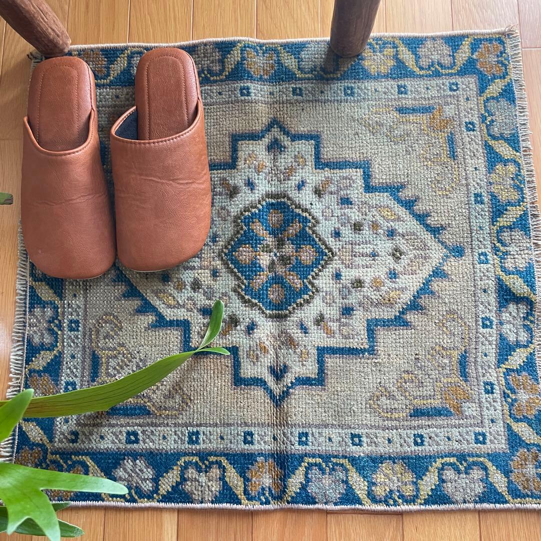 54×51㎝◇トルコヴィンテージラグ　ブラウン　ブルー　幾何学模様611