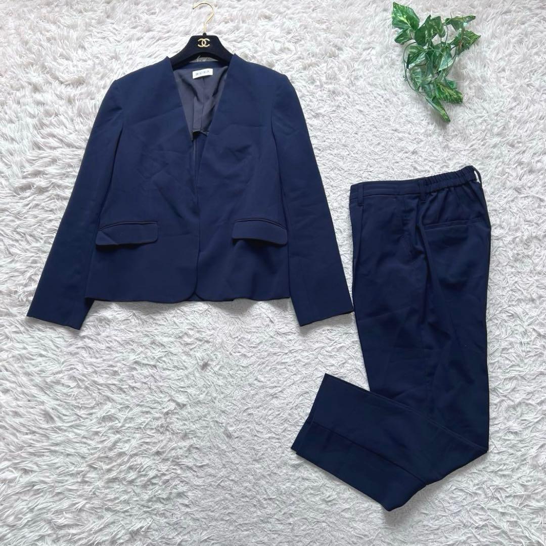 美品 PLST スーツ セットアップ ノーカラー パンツ 洗える ネイビー L