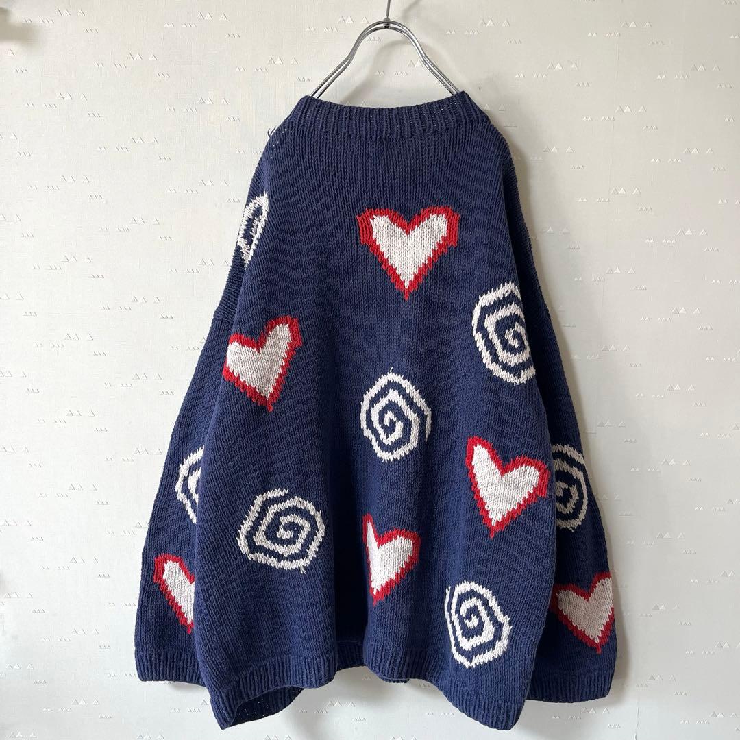 古着 マクマホーン エクアドルニット コットンニット ハート 茄子紺