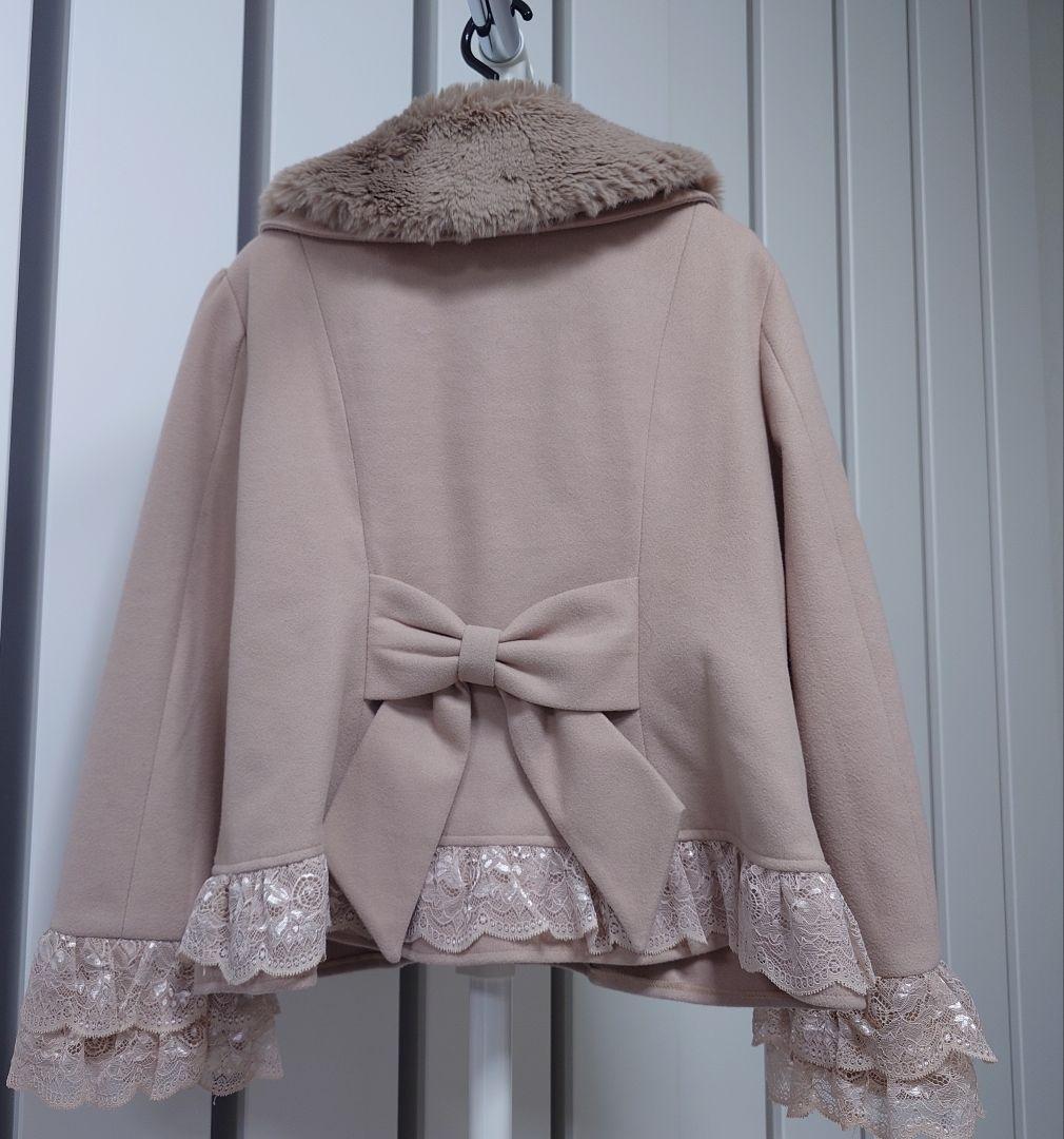 アクシーズファム　ファー襟　レース＋リボン袖　ショートコート　ピンク