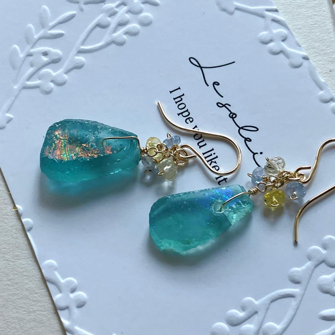 Kaya◆希少ローマングラスピアス✧マルチカラーサファイア/レモンクォーツ