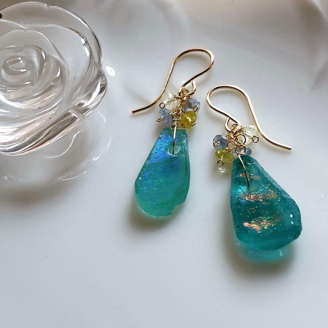 Kaya◆希少ローマングラスピアス✧マルチカラーサファイア/レモンクォーツ