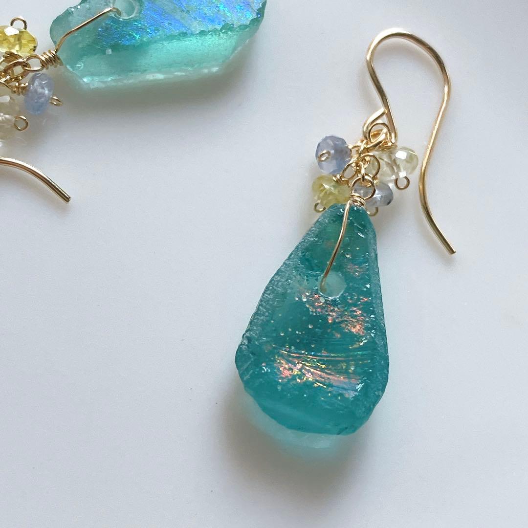 Kaya◆希少ローマングラスピアス✧マルチカラーサファイア/レモンクォーツ