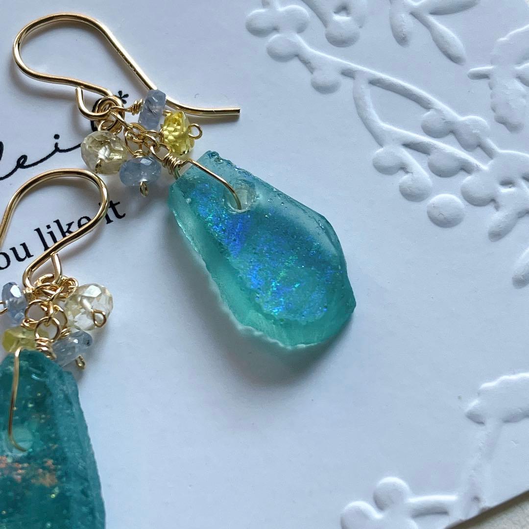 Kaya◆希少ローマングラスピアス✧マルチカラーサファイア/レモンクォーツ