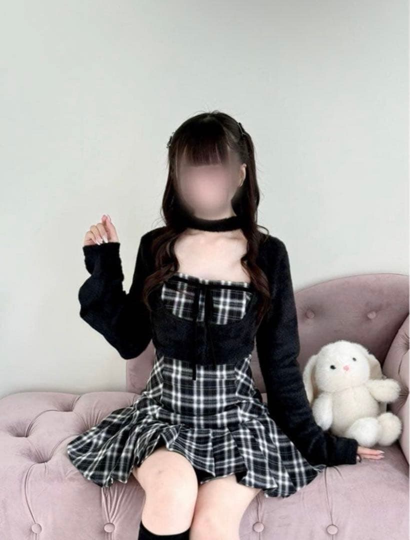 【NoGenki】BunnyLisファーボレロ×チェックミニワンピ ブラック