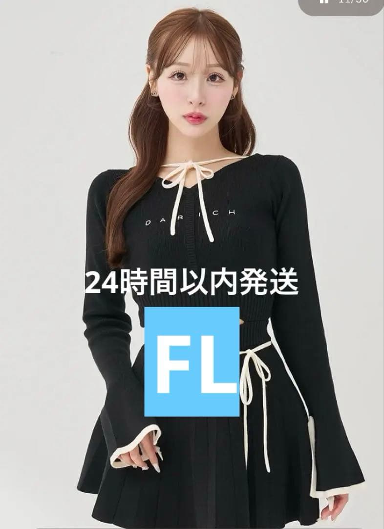 ダーリッチ ウエストオープンリボンデザインニットミニワンピース ブラック FL