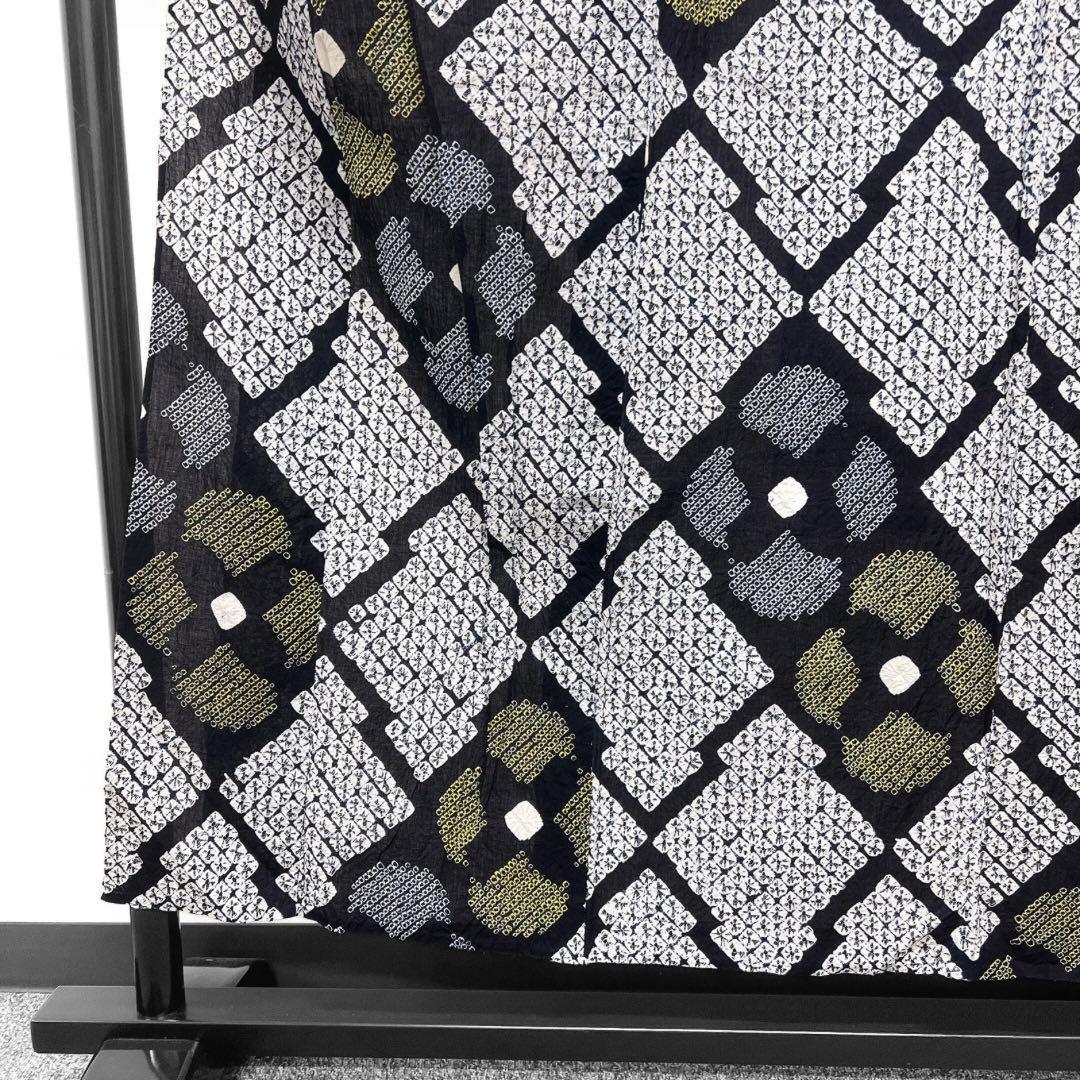 浴衣　有松鳴海絞り　松川菱　花模様　ネイビー　系　着物　042w p