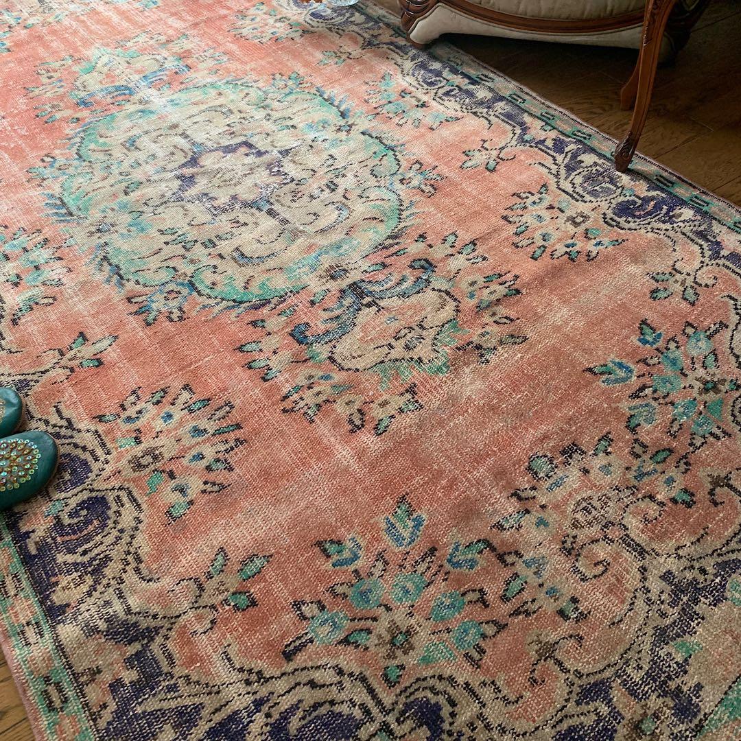 超大判　コーラルピンク244×132 インディゴブルー　トルコヴィンテージラグ