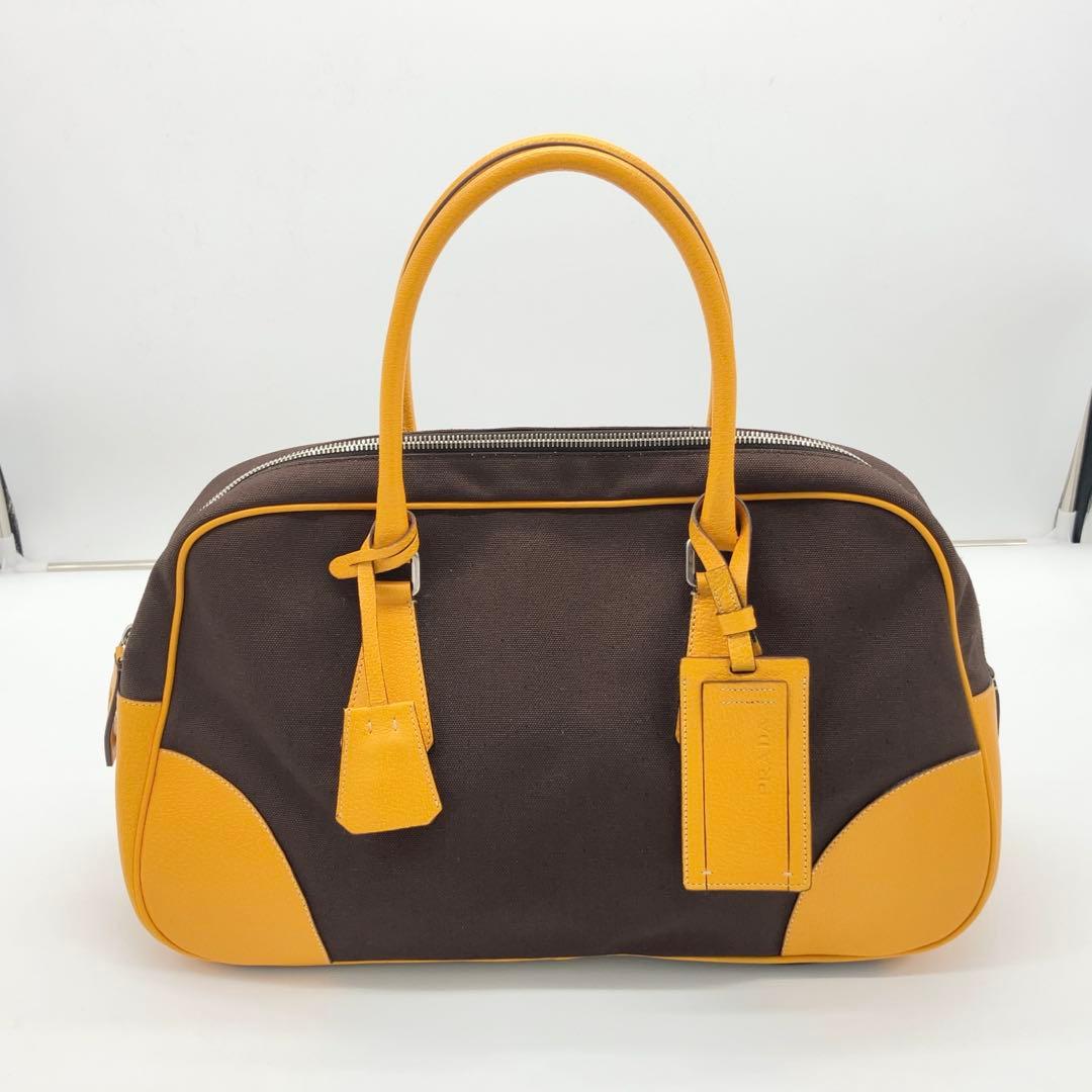 PRADA 三角ロゴプレート キャンバス レザー ミニボストン ハンドバッグ