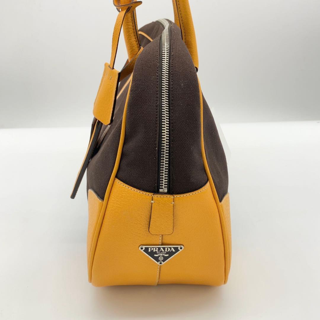 PRADA 三角ロゴプレート キャンバス レザー ミニボストン ハンドバッグ