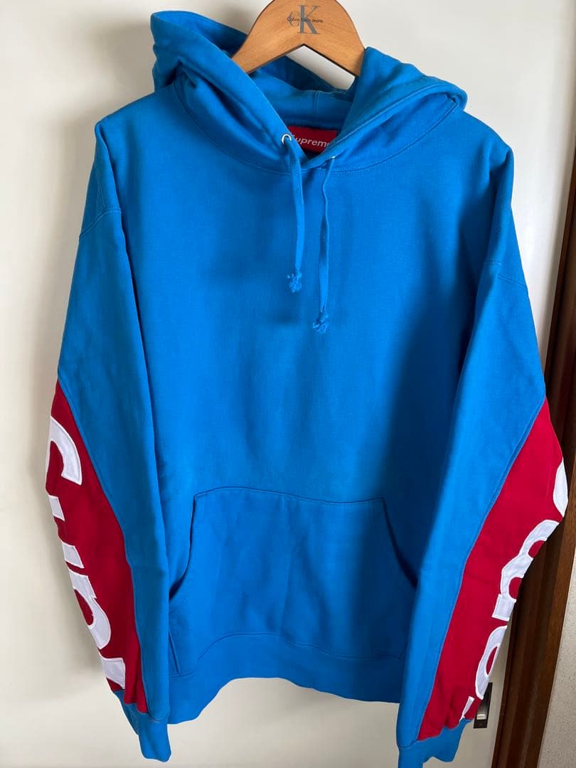 supreme希少22s袖刺繍パーカーブルー
