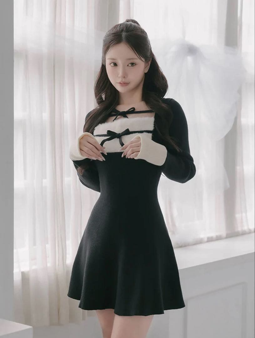 Darich リボンファーフレアニットミニワンピース Freesize