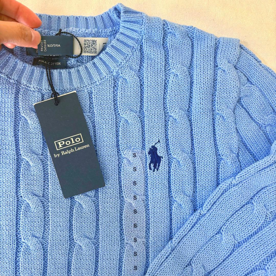 ポロラルフローレン レディース ケーブルニット ピマコットン 青 水色 S