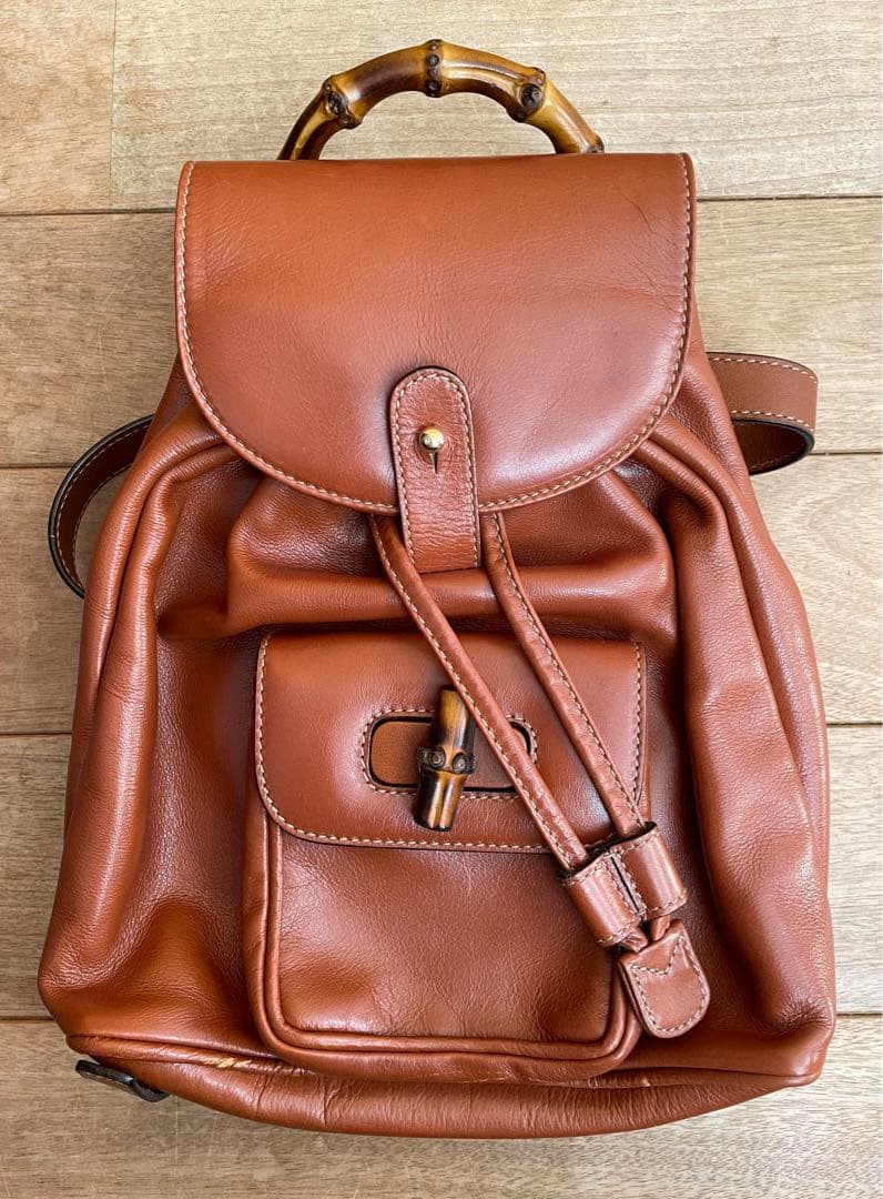 正規品GUCCI グッチ　バンブーレザーリュック 説明書・保存袋付き　茶ブラウン