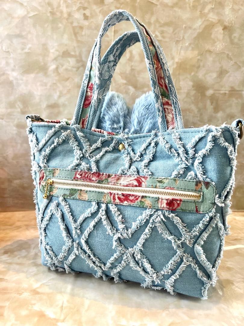 コヤンイサムチョン　レースデニム×ふわふわフリンジデニム　フリルバッグ