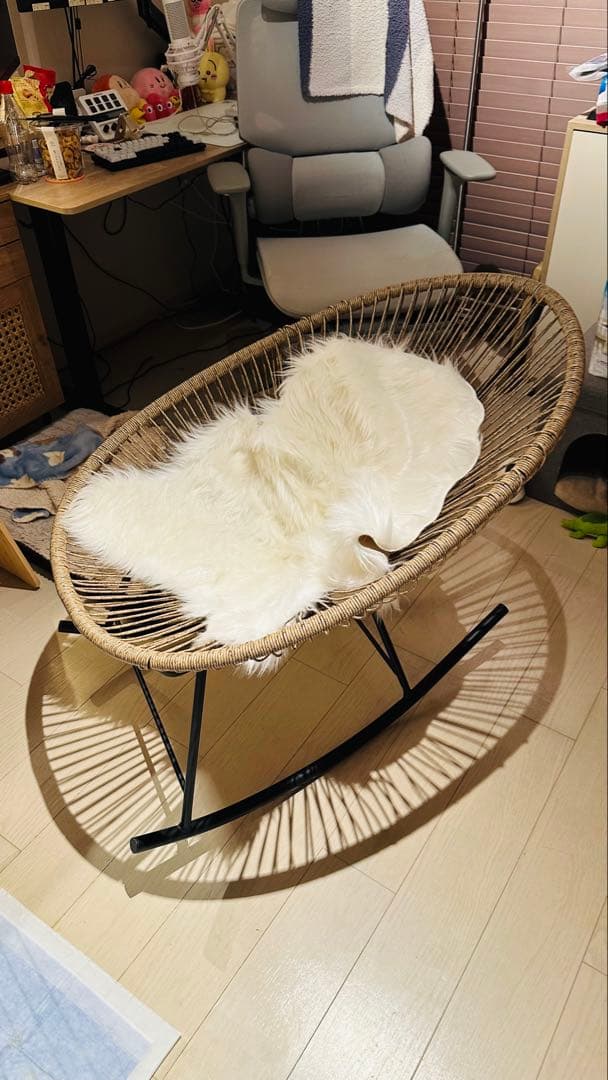 【ラタン風】1人掛け アカプルコチェア ロッキングチェア　毛布付き