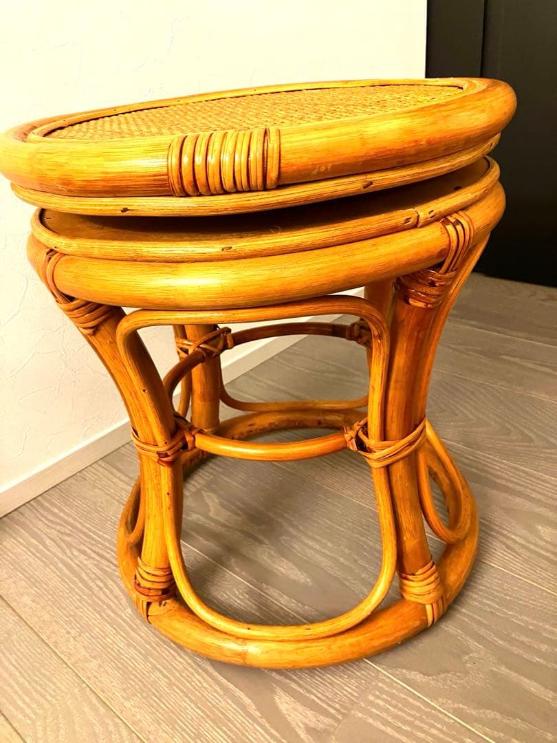 良品 天然ラタン 回転スツール2脚セット 昭和レトロ 丸椅子 椅子 ヴィンテージ