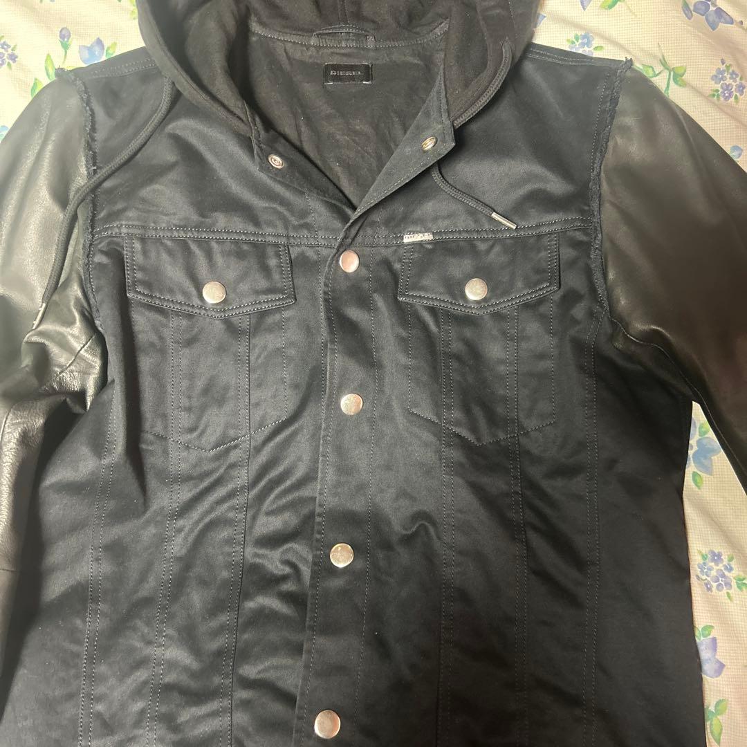DIESEL フード付きデニムジャケット 黒 デニム レザー