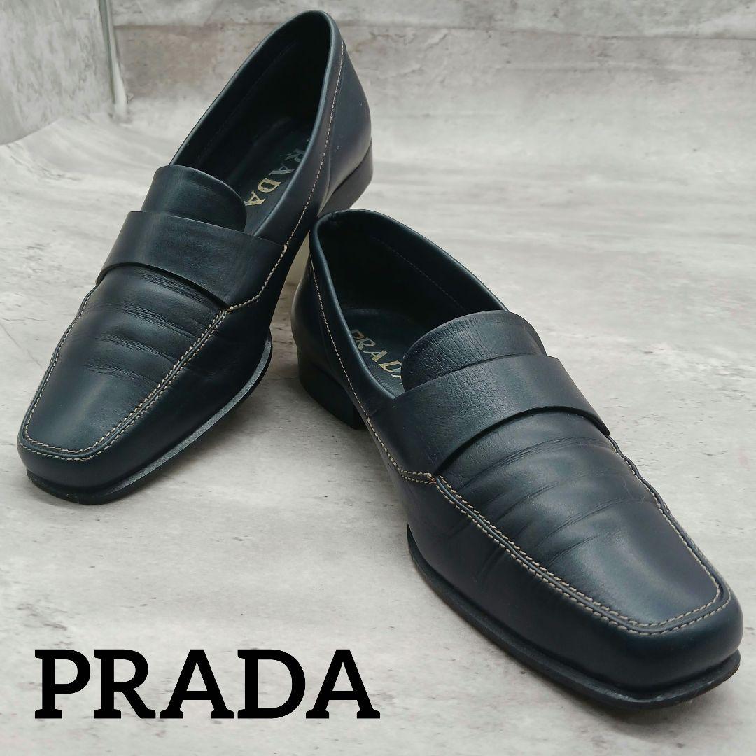 美品 プラダ レディース スクウェアトゥ レザー ローファー 36.5 ブラック
