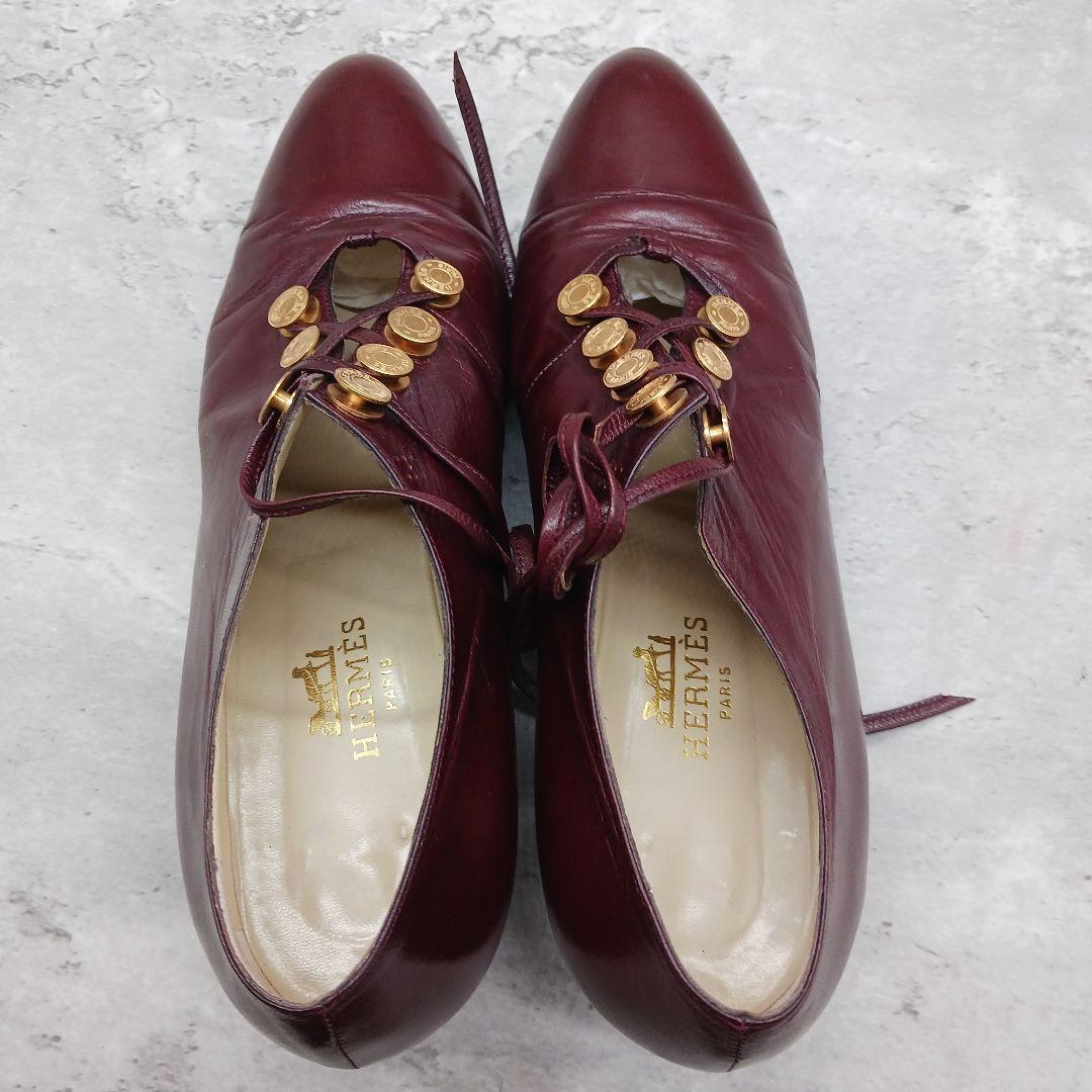 ✨極美品✨ エルメス ヒール レザー セリエボタン パンプス 38 ワインレッド