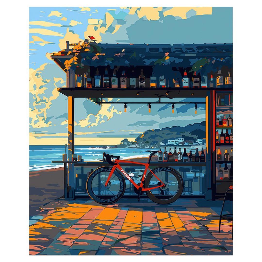 自転車と海の風景の絵画
