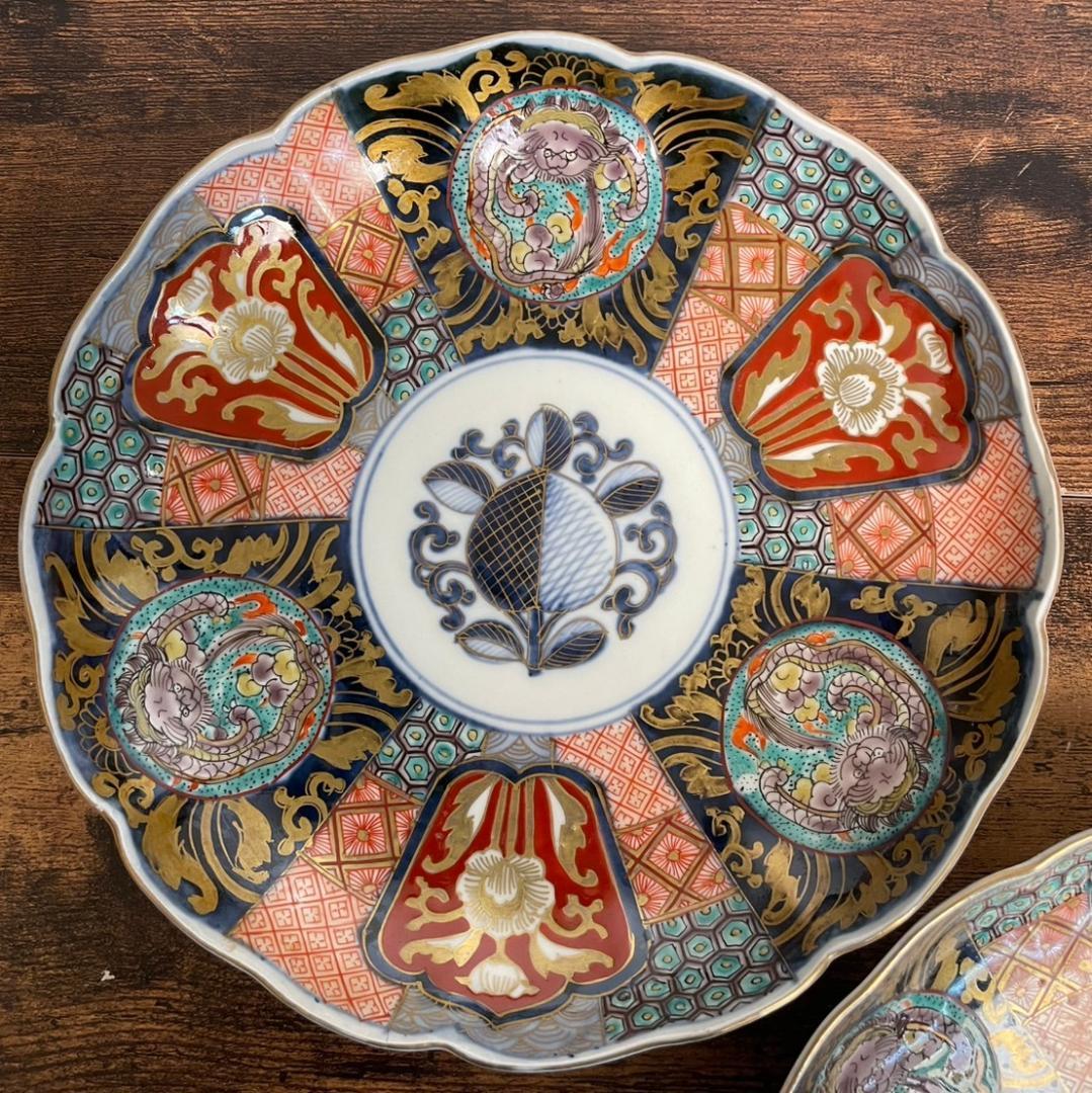 しまじろうページ　金彩赤絵龍図 七寸皿 5客 アンティーク中皿 120
