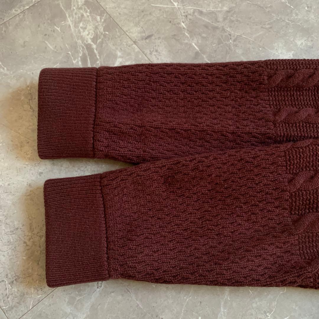 PAPAS + パパスプラス　ニットZIPブルゾン　袖ケーブル　エンジ　L