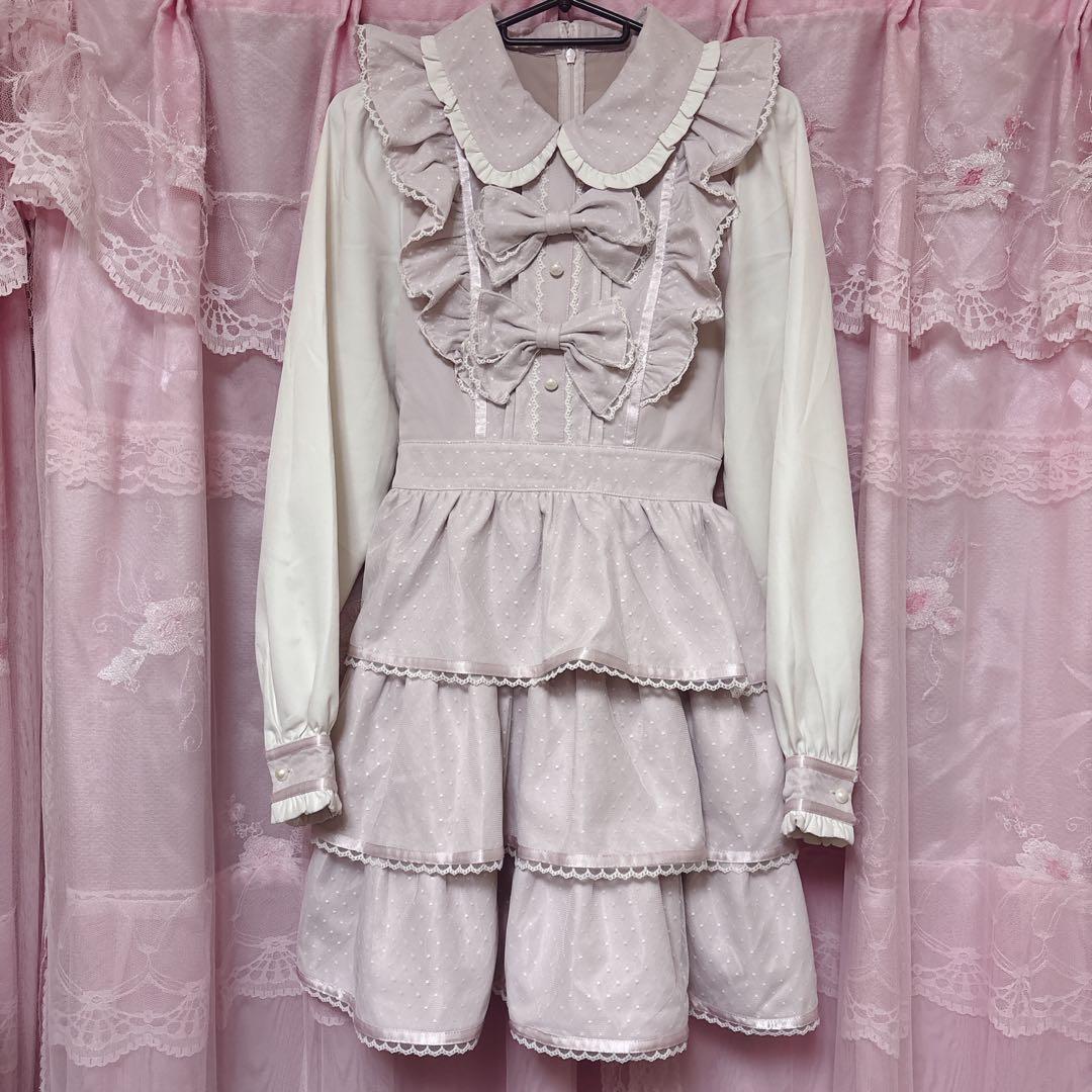 Honey Cinnamon リボン付きドットチュールワンピース ピンク 量産型