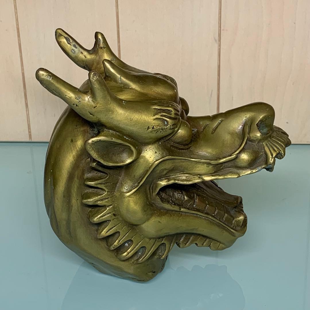 縁起物　文房具　純銅製の龍頭　龍の彫刻　文鎮　置物　時代物　古美術